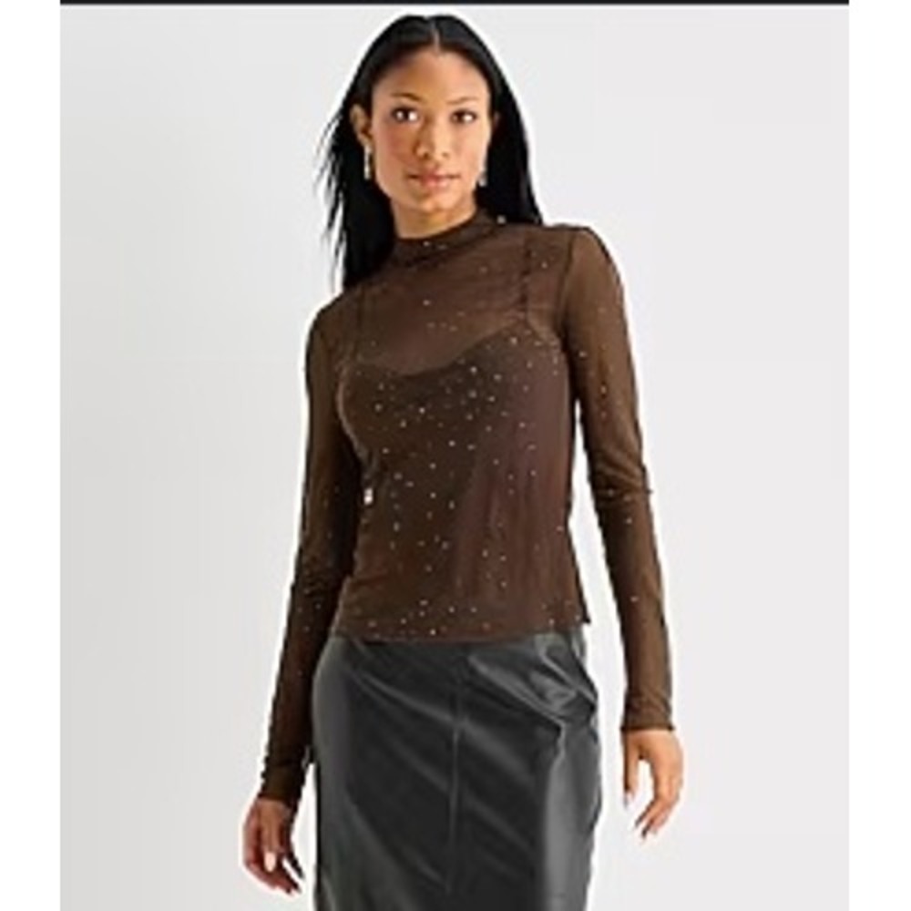 Worthington Hot Fudge Brown Rhinestone Mesh Mock Neck Top Slim Fit Blouse XS NEW